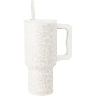 Simple Modern Thermobecher mit Strohhalm und Griff | Isolierter Edelstahl-Trinkbecher Eiskaffee-Reisebecher | Geschenke für Frauen und Männer | Trek | 890ml | Cream Leopard