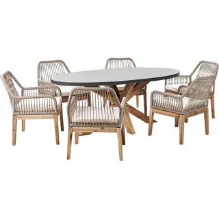 BELIANI Gartentisch mit 6 Geflecht-Stühlen Grau u. Beige Beton Akazienholz-Gestell Rustiklaler Look Gartenausstattung Gartenmöbel Garten und Terrasse - Grau, Beige, Braun