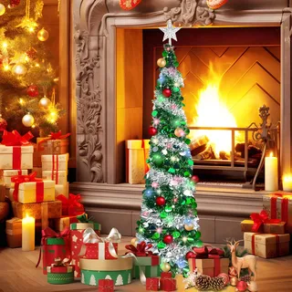 Weihnachtsbaum, 150cm/5 Fuß Pop Up Faltbarer Weihnachtsbaum mit 5m Timer Licht 20 Weihnachtskugeln Künstlicher Pailletten Weihnachtsbaum Weihnachtsdeko mit Ständer Faltbar und Wiederverwendbar (C)