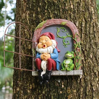 Meyas Gartenstatuen Schlafender Gnom, Baumskulptur Gartendekoration Ornamente im Freien, Gartenzwerg-Statuen Elf aus der Tür Baum Hugger, lustige Harz-Gnom-Statuen Figuren Halloween