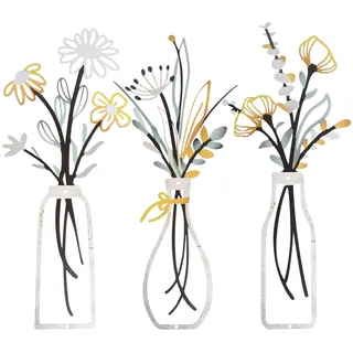 GomTrynxil 3 Bunte Metall Blumen Wanddekoration, Wanddeko Metall Wandskulptur Moderne Metallbilder Wandkunst für Wohnzimmer Schlafzimmer Küche Bad Flur, Minimalistische Vase Wanddeko in Vintage Stil