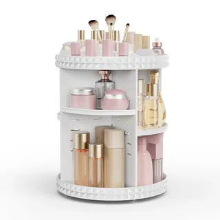 Rosoenvi Drehbarer Make-up-Organizer, 360° drehbarer Hautpflege-Organizer, verstellbare Schicht, Kosmetik-Aufbewahrung, Lazy Susan Make-up-Organizer für Kommode, Badezimmer, Größe M, Weiß