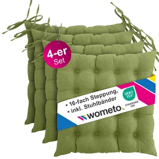 wometo 4er Set Sitzkissen 40x40 Oeko-TEX mit Bändern/Schleifen grün | gesteppte Sitzpolster / Stuhlkissen mit Steppung für Indoor und Outdoor, drinnen und draußen nutzbar, im praktischen 4er Pack