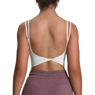 Aoxjox Damen Workout Sport BHS Fitness Gepolstert Rückenfrei Yoga Crop Tank Top Twist Back Cami, 1 x Weiß, small