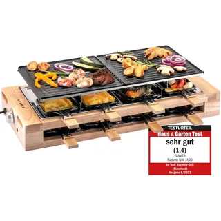 KLAMER Raclette Grill 8 Personen 1500 W mit Holzgestell & Parkdeck, Alu-Druckguss-Grillplatte antihaft, stufenlos regelbar, ILAG Beschichtung, Test "Sehr gut (1,4)", deutsche Marke Berlin
