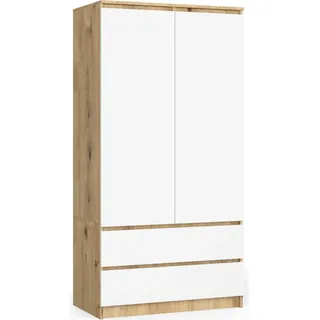 Kleiderschrank AKORD S90 Eiche Artisan 90 cm 2 Türen 2 Schubladen 4 Ebenen Front Weiß B90 x H180 x T51 cm - Hellbraun, Weiß
