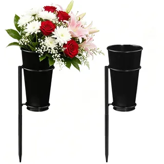 2 Stück Grabvase mit Erdspieß, Friedhofsvasen, Metallgestell+Kunststoffvase | Gedenkvasen, Gedenkblumenhalter, für Grab, Rasen, Hof, Beerdigung im Freien, sicherer Erdspieß-Halt, 26 × 9 cm