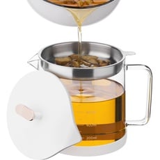 Navaris Speckfettbehälter - Fettbehälter mit Ölsieb aus Edelstahl - Fettkanne mit Sieb - trennt Fett und Speisereste zuverlässig und sauber - 1L Ölkanne - Glas