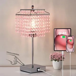 GyroVu Kristall Tischlampe, Rosa Dimmbare Touch Nachttischlampe mit Ladefunktion USB A+C-Anschlüssen Steckdosen, Kleine KristallLampe für Wohnzimmer Schlafzimmer Mädchenzimmer (Inklusive Glühbirne)