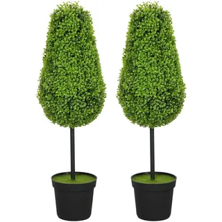 Homcom 2er Set Künstliche Buchsbaum 90cm Kunstpflanze in Tränenform, Plastik Künstliche Pflanzen im Topf, Kunstbaum Fake Plant wie echt mit UV Schutz für Wohnzimmer Schlafzimmer Büro Garten