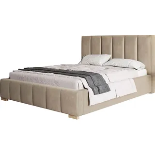 Polsterbett Tokio mit Kopfteil, 200x200 cm, Doppelbett mit Bettkasten und Lattenrost aus Metal, Velourstoff, Farbe: Beige - Beige
