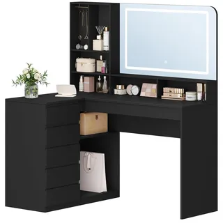 Schminktisch L-Form Eck- mit großem Spiegel und LED-Beleuchtung, 5 Schubladen, 7 offene Fächer, Schwarz