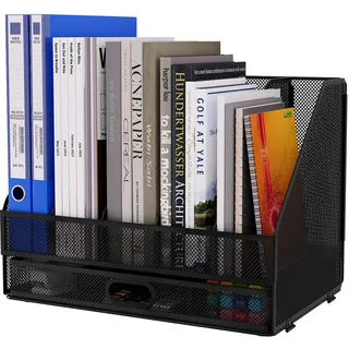 EasyPAG 5 Fächer A4 Metall Büro Schreibtisch Organizer Dokumentenhalter Aktenablage Zeitschriftenhalter Briefablage Papier Magazin Organisator mit Schreibwaren Schublade,Schwarz