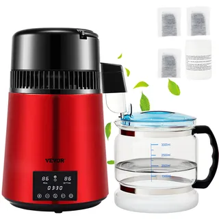 VEVOR Wasser Destillierer 1L/Std. 750 W Wasserdestilliergerät Destilliertes Wasser Edelstahl Distilleranlage, Rot Wasserdestillierapparat Borosilikatglas-Kanne Reinwasser Destillieren für Haushalt
