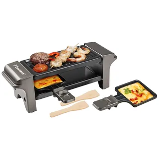 Bestron Raclette für 1 bis 2 Personen, Mini Tischgrill mit zwei Pfännchen, zwei Holzschabern & zwei Untersetzern, 350 Watt, Farbe: Titangrau