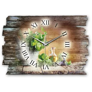 Kreative Feder Designer Wanduhr „Kräuter“ aus Holz 40x27cm im Shabby Style Design - Designeruhr mit flüsterleisem Uhrwerk ohne Ticken (Kräuter, leises Quarzuhrwerk)