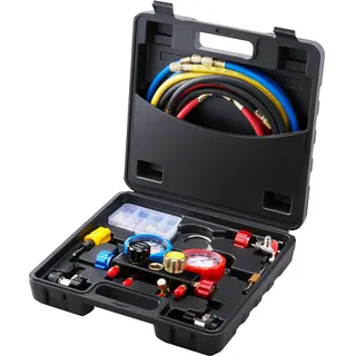 Vevor Kältemittel Manometer 4-Wege Auto Kältemittel Verteiler Messgeräteset, R134A-R12-R410A-R22 AC 4 Stk. 5 Fuß Ladeschläuche Kältemittel Manifold Messgerät AC-Diagnosewerkzeuge Autoklimaanlagen