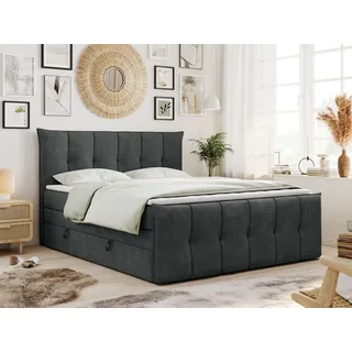 MKS Meble King Boxspringbett 140x200, Boxspringbett 140x200 mit Bettkasten und Matratze H4, Polsterbett 140x200 mit Matratze, Bett 140x200 mit Bettkasten, PR... - Dunkelgrau