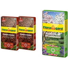 Floragard Mulch Pinienrinde 25-40 mm 2x60 L • grob • dekorativer Bodenbelag 120 L & Floragard Florahum Pflanzerde 70 L • Universalerde • für Blumenbeete