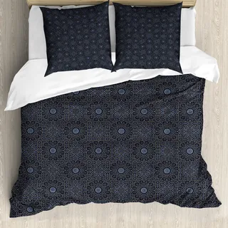 ABAKUHAUS marokkanisch Bettbezug, Geometrischer Stern Königs, Milbensicher Allergiker geeignet mit Kissenbezügen, 155 cm x 220 cm - 80 x 80 cm, Schwarz Creme Blau - Schwarz