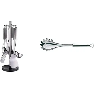 WMF Profi Plus Küchenhelfer Set 7-teilig, Ständer mit 6 Helfern, Schöpflöffel, Schaumlöffel & Profi Plus Spaghettilöffel 32 cm, Cromargan Edelstahl teilmattiert