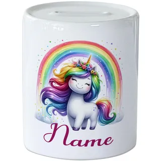 GRAZDesign Spardose Einhorn mit Namen personalisiert, Regenbogen Geldgeschenk für Mädchen, Sparbüchse Keramik