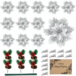Weihnachtsdeko Weihnachten Deko 18 Stück Christmas Decorations Weihnachtsbaum Deko 12 Kunstblumen Weihnachten 6 künstliche tannenzweige für Christbaumschmuck Tischdeko Girlande Adventskranz (Silver)