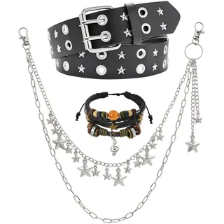 Tastetreasure 3-tlg. Y2K Grunge Zubehör Set, Punk Emo Kunstleder Nietengürtel, Stern Anhänger Geschichtete Hosenkette & Mehrlagiges Perlenarmband für Damen Herren Goth Alt Style