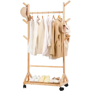 Relquorax Kleiderständer Bambus, Garderobenständer offener Kleiderschrank mit Ablage Kleiderstange Haken, mit Rollen beweglich, stabil für Schlafzimmer Flur (S - 80cm)