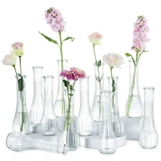 NUPTIO Kleine Glasvasen für Tischdeko Blumenvase: 12 Stück 21,7cm Hoch Schmale Klein Vase für Hochzeitsdeko - Durchsichtig Gerippte Vasen Set für Wohnzimmer Geburtstag Party Deko