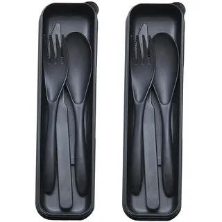 Reisebesteck-Set mit Etui, wiederverwendbare, 2 Sets tragbare Utensilien Plastikgabel Messer Löffel für Camping Picknick Arbeit Schule Täglicher Gebrauch (Schwarz)