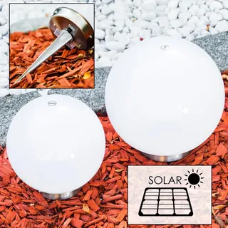 Solarleuchte Nassau, Kugellampe 2er Set, Kugelleuchten aus weißem Kunststoff, Ø 20 und 25 cm mit Erdspiess, Außenleuchten mit Ein/Aus-Schalter, Solarlampen mit Dämmerungsschalter