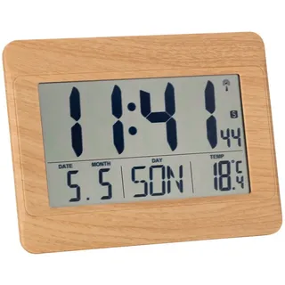 TFA Dostmann Wanduhr digital, 60.4519, Funkuhr mit Innentemperatur, Wochentag (8 Sprachen), Datum, Zeitzoneneinstellung, Kunststoff, (L) 215 x (B) 160 x (H) 26 (68) mm (Holzoptik)