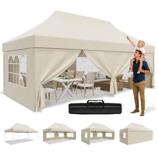 JUMMICO Faltpavillon 3x6 mit Hoher Spitze, um 60% Verbesserte Regenschutzleistung. UV 50+, Pavillon 3x6 Wasserdicht Stabil Winterfest, Shelter mit seitenwänden, für Garten und Camping, Beige