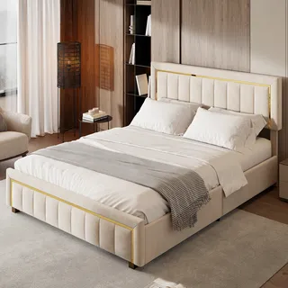 Doppelbett 160x200 cm in cremefarbenem Samt mit vertikalen Streifen und Goldverzierungen – Gepolstertes Kopfteil, s und modernes Design - Weiß