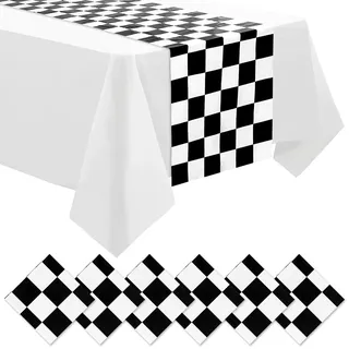 DEMIUKO 6 Stück Karierter Tischläufer Schwarz Weiß Plastik Einweg Tisch Läufer 35x274 cm Rennflagge Raster Party-Tischläufer Esstisch Tischdeko für Kinder Geburtstag Party Drinnen Draußen Deko