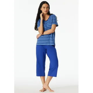 Schlafanzug SCHIESSER "Casual Essentials", Damen, Gr. 46, 819, blau, Single Jersey, Obermaterial: 100% Baumwolle, regular fit 3/4-Länge, V-Ausschnitt, Homewear-Sets Schlafanzug, mit modisch umgeschlagenen Ärmeln