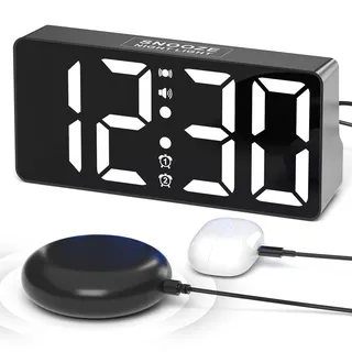 Digitaler Wecker, Lauter Wecker für Tiefschläfer mit Bettschüttler, Vibrationswecker für Hörgeschädigte, Schwerhörige, Jugendliche, USB-Ladegerät, Großes Display, Helligkeitseinstellung, Schlummer