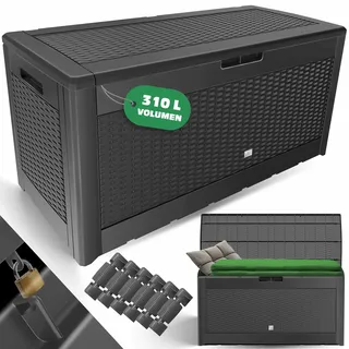 KESSER® Auflagenbox Kissenbox 310 Liter mit Rollen klappbarer Deckel Haltegriffe Rattanoptik Gartenbox wetterfeste Gartenkiste Aufbewahrungsbox - Grau