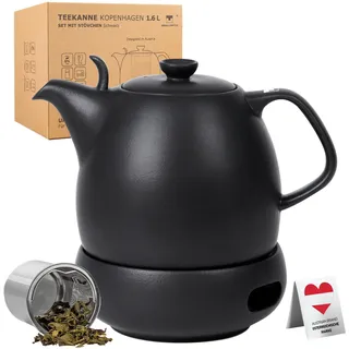 Teekanne "Kopenhagen" Teekanne mit Stövchen 1,6L aus Porzellan Schwarz Teekanne mit Siebeinsatz Teekanne mit Sieb aus Edelstahl Teekanne Porzellan Teapot Tea Pot