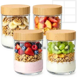 Set mit 4 Glas-Joghurtbechern mit Bambusdeckel – 500 ml Frühstücksbecher für Arbeit, Schule und Picknick, geeignet für Erwachsene und Kinder, perfekt für Joghurt und Granola