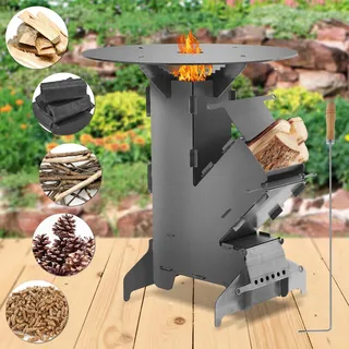 Ikodm Raketenofen mit Grillplatte, Steckbarer Outdoor Grillofen aus Kohlenstoffstahl, Campingkocher mit Feuerhaken für Garten Camping Terrasse - Grau