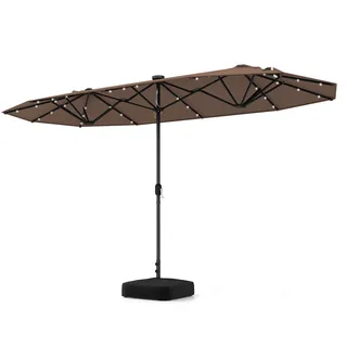 COSTWAY Doppelsonnenschirm 400x 200cm, Gartenschirm mit Kurbel, Ständer und LEDs, Sonnenschirm UPF 50+ Groß XXL Hellbraun - Hellbraun