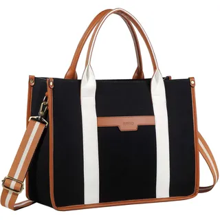 RAVUO Handtasche Damen, Canvas Arbeitstasche 15.6 Zoll Laptoptasche Business Taschen Frauen Aktentasche Groß Shopper Tote Handbag Bürotasche Schwarz&Braun