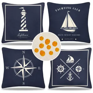 Serento 4er Set Kissenbezug Outdoor wasserdichte Kissenbezüge Moderne Sofakissen 40 x 40cm Frühlings Sommer Blau Maritime Kissenhülle Leinen Dekorative für Boote, Gastronomie, Innen und Außen