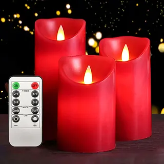 ILEEDear Rot Flammenlose Kerzen Mit Timerfunktion, Echtwachskerz, Led Kerzen Flackernde Flamme, Zur Deko Wohnzimmer Schlafzimmer Badezimmer Weihnachtsdeko Halloween Deko Outdoor