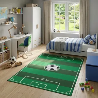 TAPISO Snooki Kinderteppich Fußball Grün rutschfest 200 x 300 cm | Kinder Teppich Strapazierfähig Pflegeleicht weich Deko OEKO-TEX