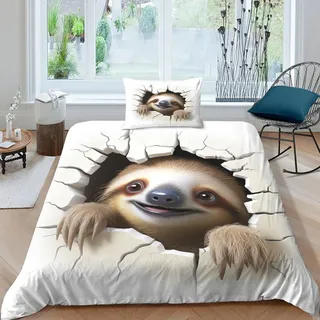 GNMRTFEAE Faultier Mädchen Junge Kinder Bettbezug Set 3D Gedruckter Niedliches Tier Bettwäschegarnitur Reissverschluss Und Kissenbezüge Weich Microfaser Bettwäsche 3 Teilig Single(135x200cm)