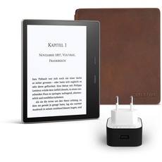 Kindle Oasis Essentials Bundle mit einem Kindle Oasis E-reader (7 Zoll, 8 GB, Grafit), einer Amazon Premiumlederhülle und einem Amazon Powerfast 9-W-Ladegerät