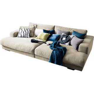 KAWOLA Big Sofa XL MADELINE mit Holztablett natur für Armlehne Stoff cremeweiß - Weiß